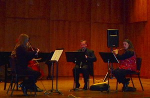 Bessarabica rehearsal, Longy School, Cambridge, MA Karen Oosterbaan-violin, Daniel Plane-’cello, Todd Brunel-clarinet, Trisha Craig–flute.